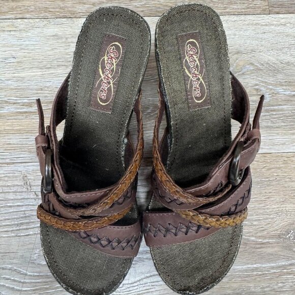 Skechers Modiste Brown Braided Leather Straps Wedge Sandals Women's Size 6 - Picture 2 of 6